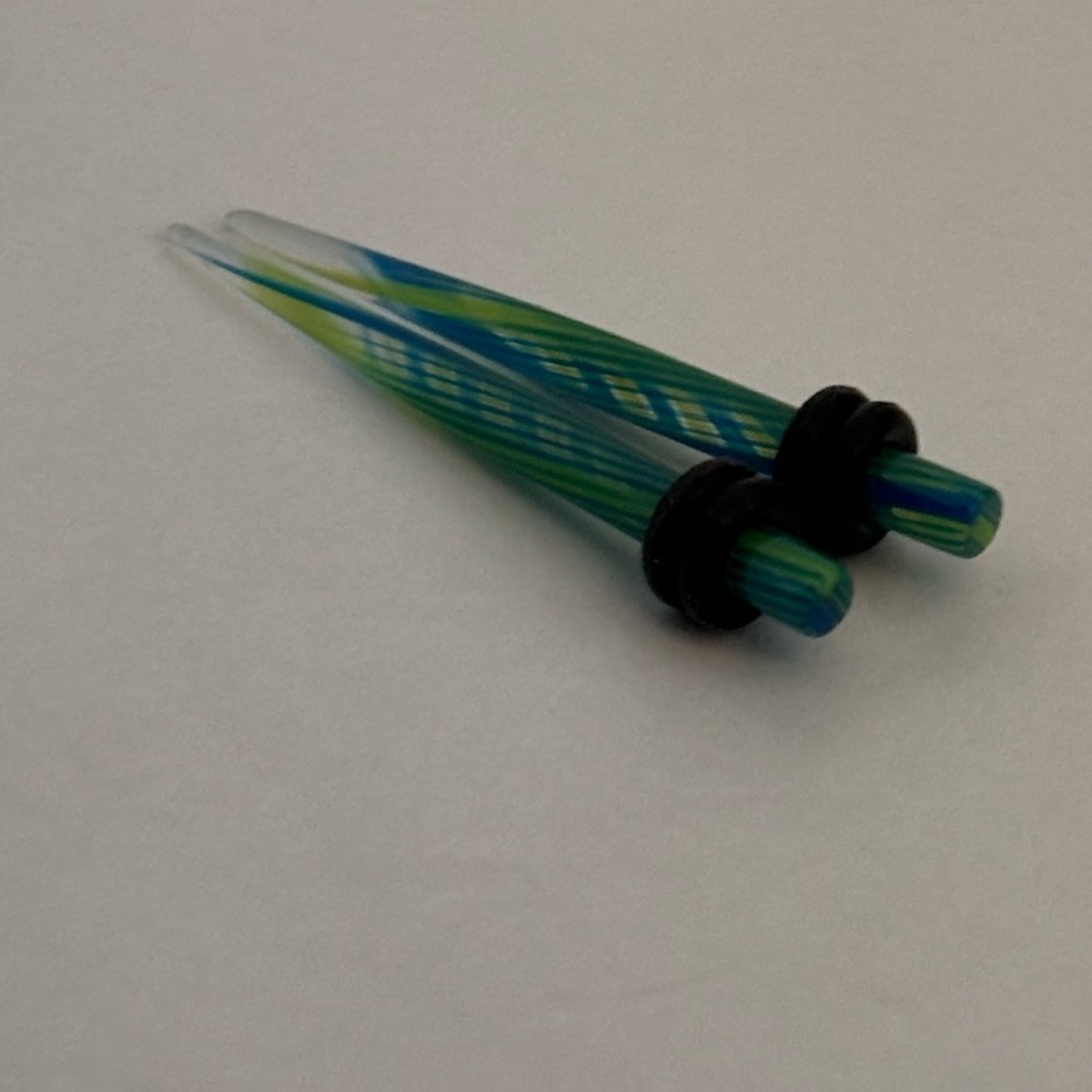 Blue and Green Acrylic Stripe Swirled Tapers size 8 Gauge